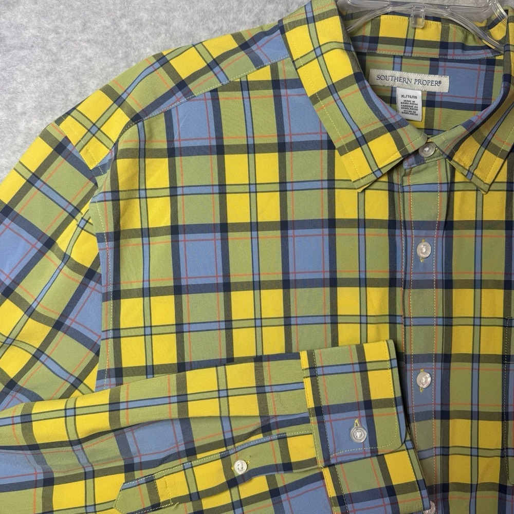 Southern Proper Dress Shirt Plaid Long Sleeve Mens XL Button Blue Yellow Preppy